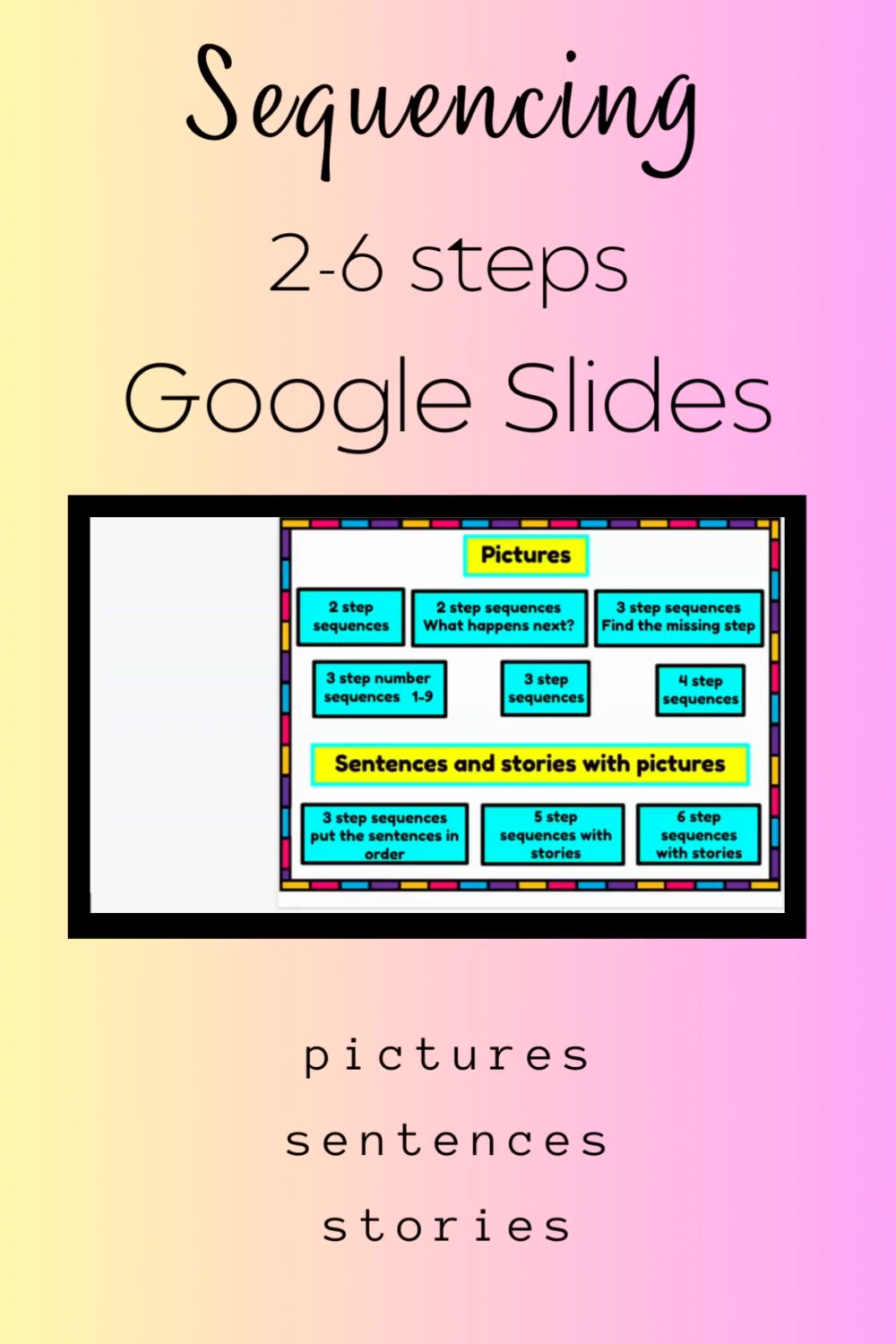 This contains: These time and sequence activities include 2 step sequencing through 6 step sequencing. I needed speech therapy sequencing activities so I created these google slides activities for students on different levels. Includes pictures, sentences, counting and stories. These sequencing activities google slides are great for in person or teletherapy.