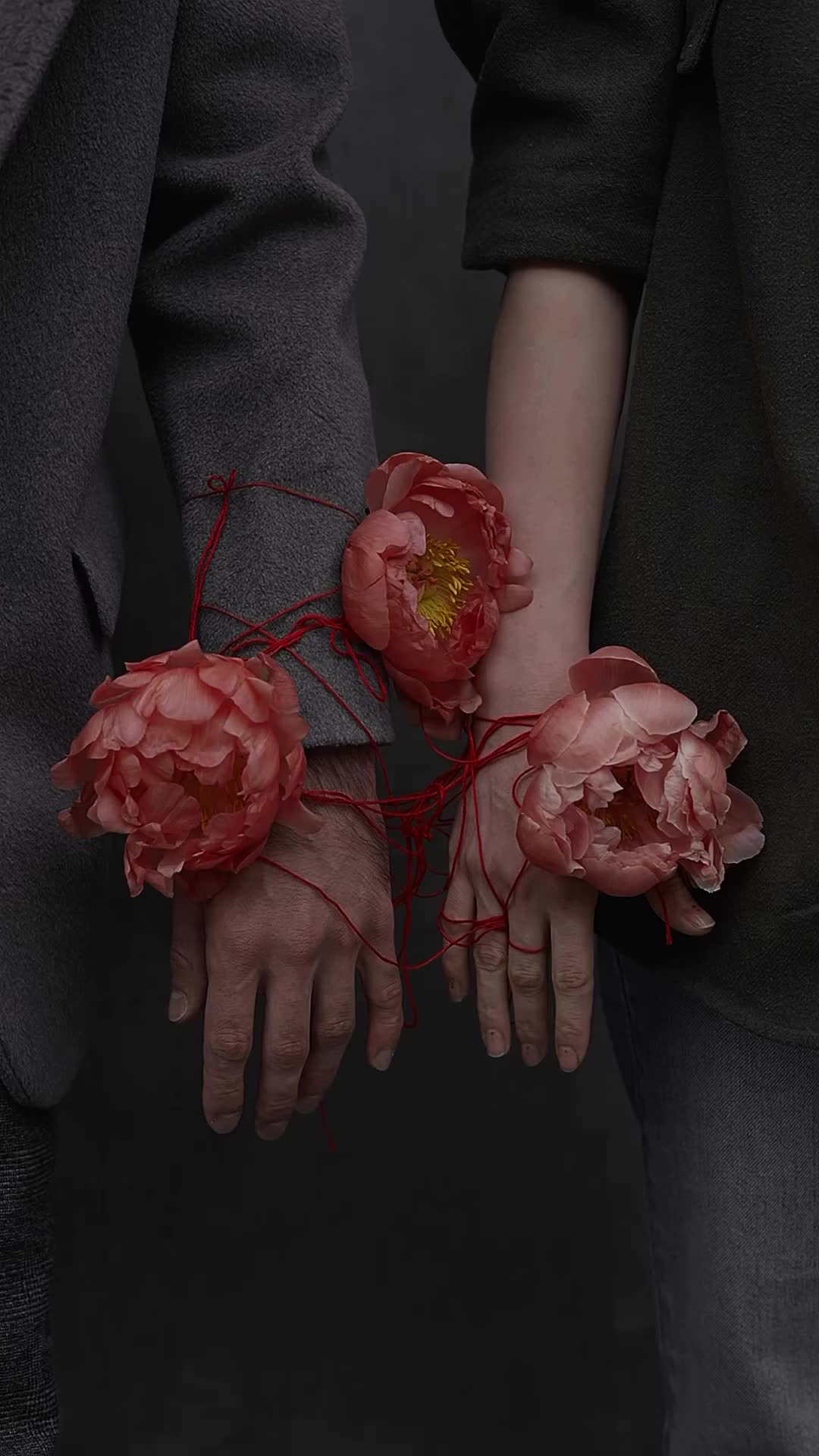 This may contain: two hands holding flowers with red stems in the middle and one hand on top of another