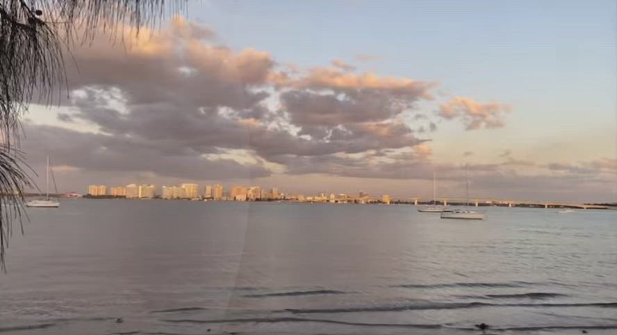 This may contain: a boat is on the water in front of a cityscape and cloudy sky