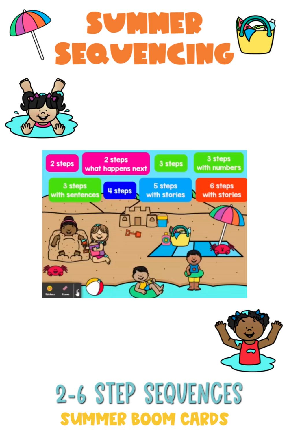 This contains: These boom cards sequencing activities include 2 step sequencing through 6 step sequencing. Students will learn time and sequence vocabulary, making inferences, problem solving and critical thinking skills. These no prep games and activities are perfect for busy teachers and speech therapists. Use with tablets, ipads, pc, interactive whiteboards and smart boards. Great to use as summer activities or any time during the year!