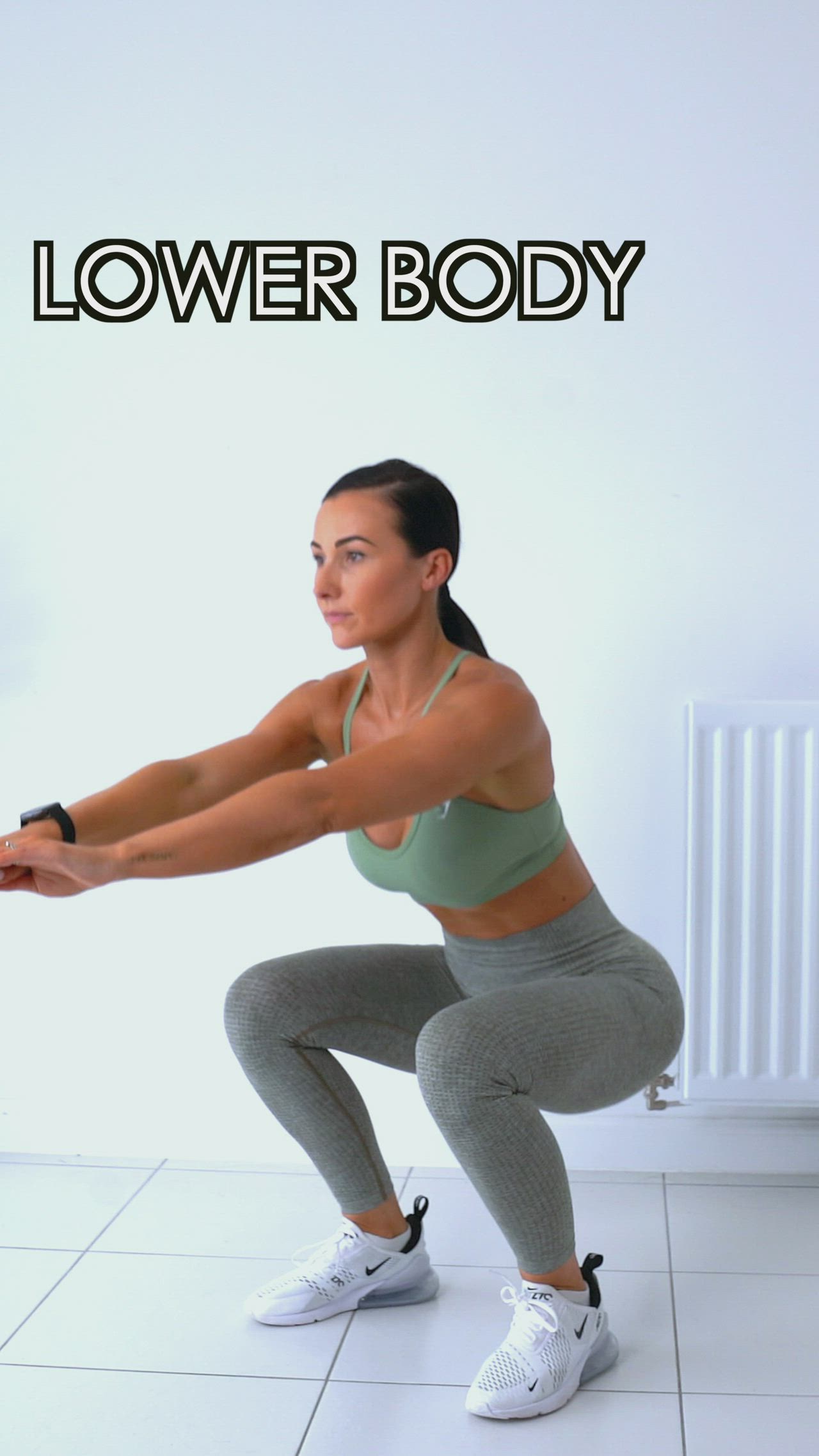 This may contain: a woman doing squats with the words lower body above her head and bottom half