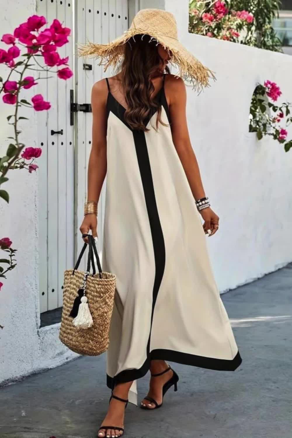 Contrast Trim Spaghetti Strap Cami Dress, Elegant Sleeveless V-neck Backless Dress