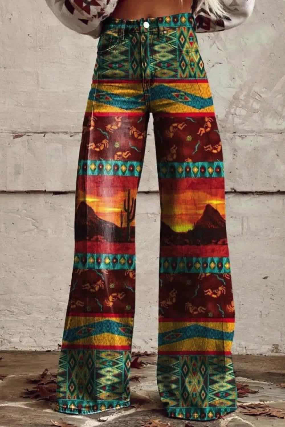 "Elevate your casual look with these women's color Aztec print wide leg pants. Featuring a vibrant Aztec pattern, they offer both style and comfort, perfect for a relaxed yet fashionable statement."