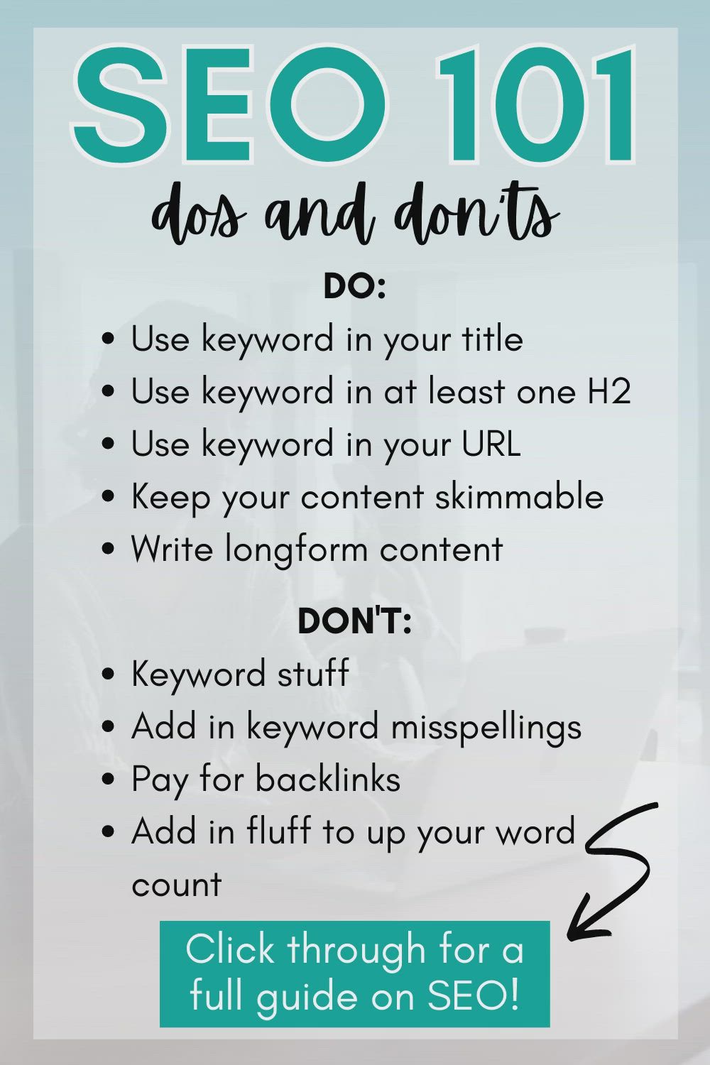 This may contain: a poster with the words seo 101 and don't do