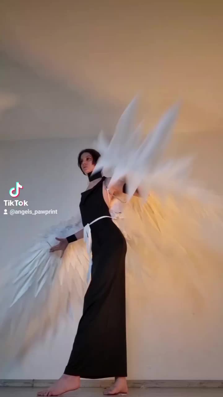 This may contain: a woman in a black dress with white wings on her head and arms outstretched, posing for the camera