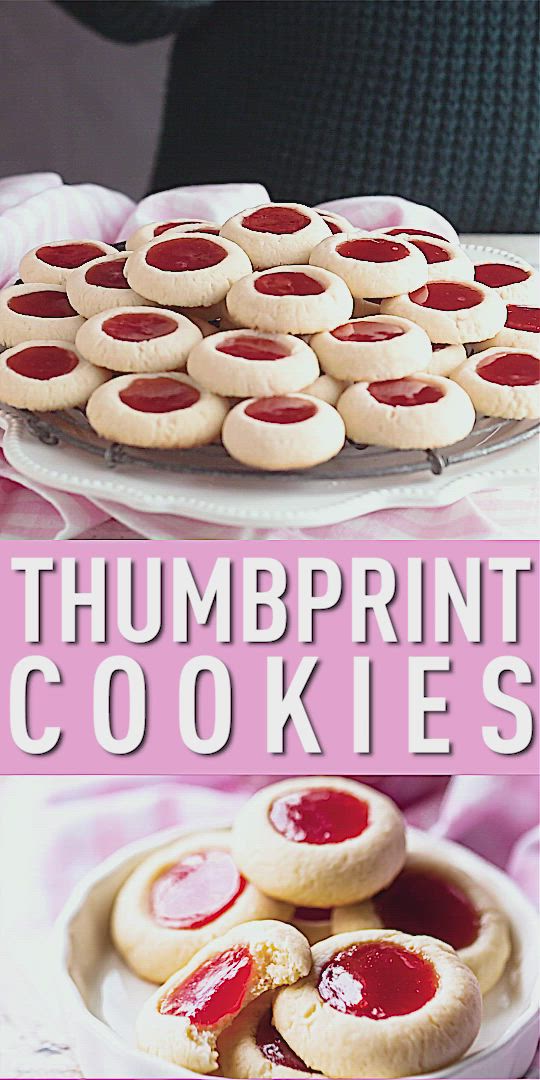 This may contain: there are some cookies and jams on the plate next to each other with text overlay that says, thumpprint cookies