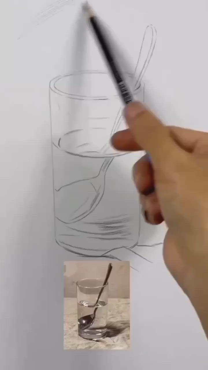 This may contain: a drawing of a spoon in a glass with water and ice cubes on it