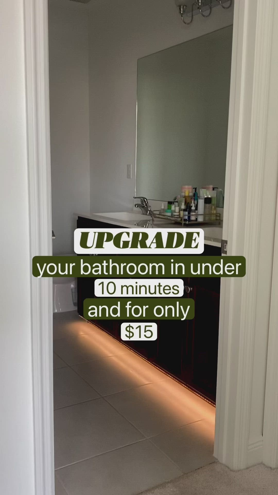 This may contain: an open door leading into a bathroom with the text upgrade your bathroom in under ten minutes and for only $ 3