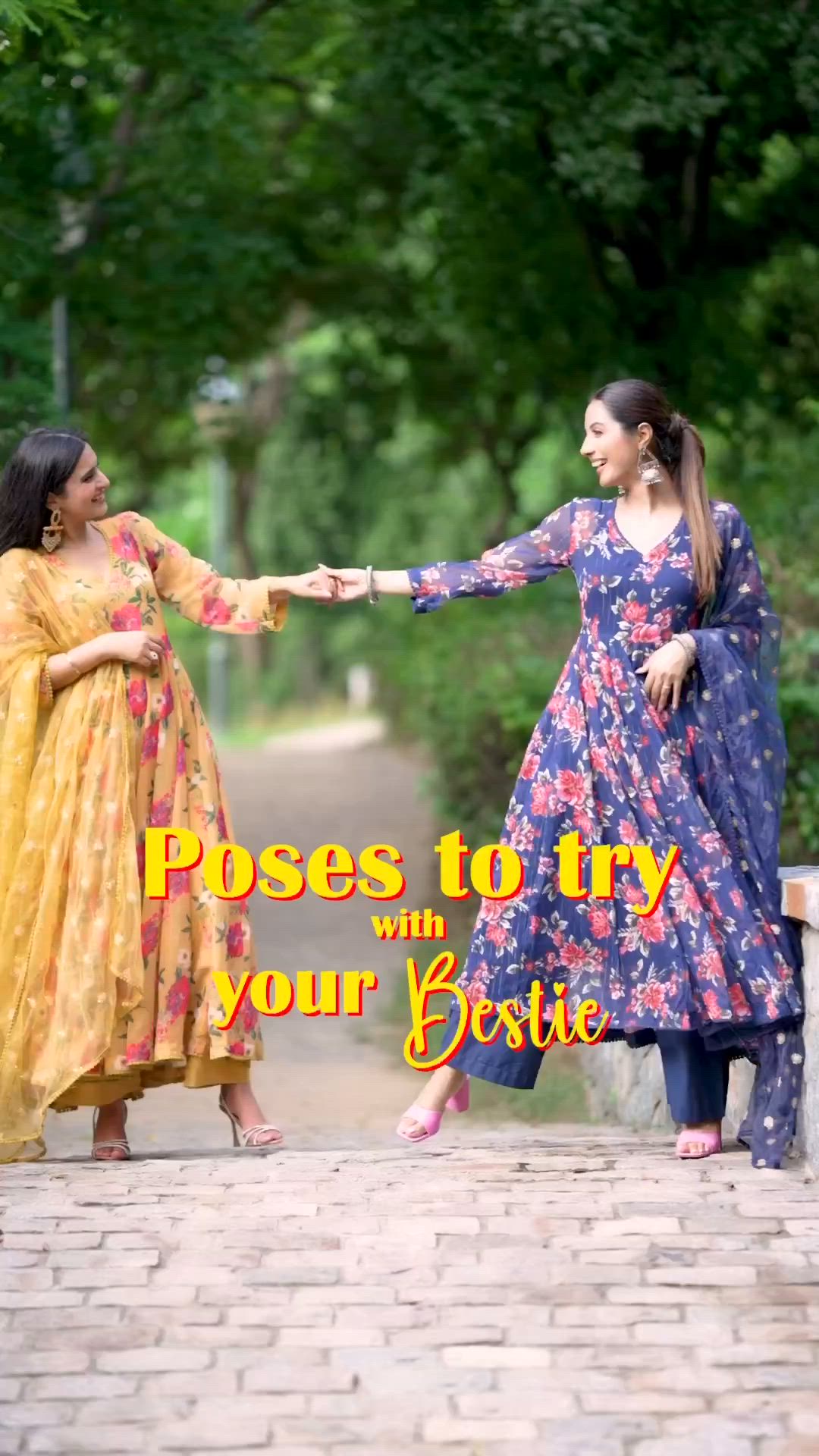 This may contain: two women in long dresses holding hands with the caption, poses to try with your bestie