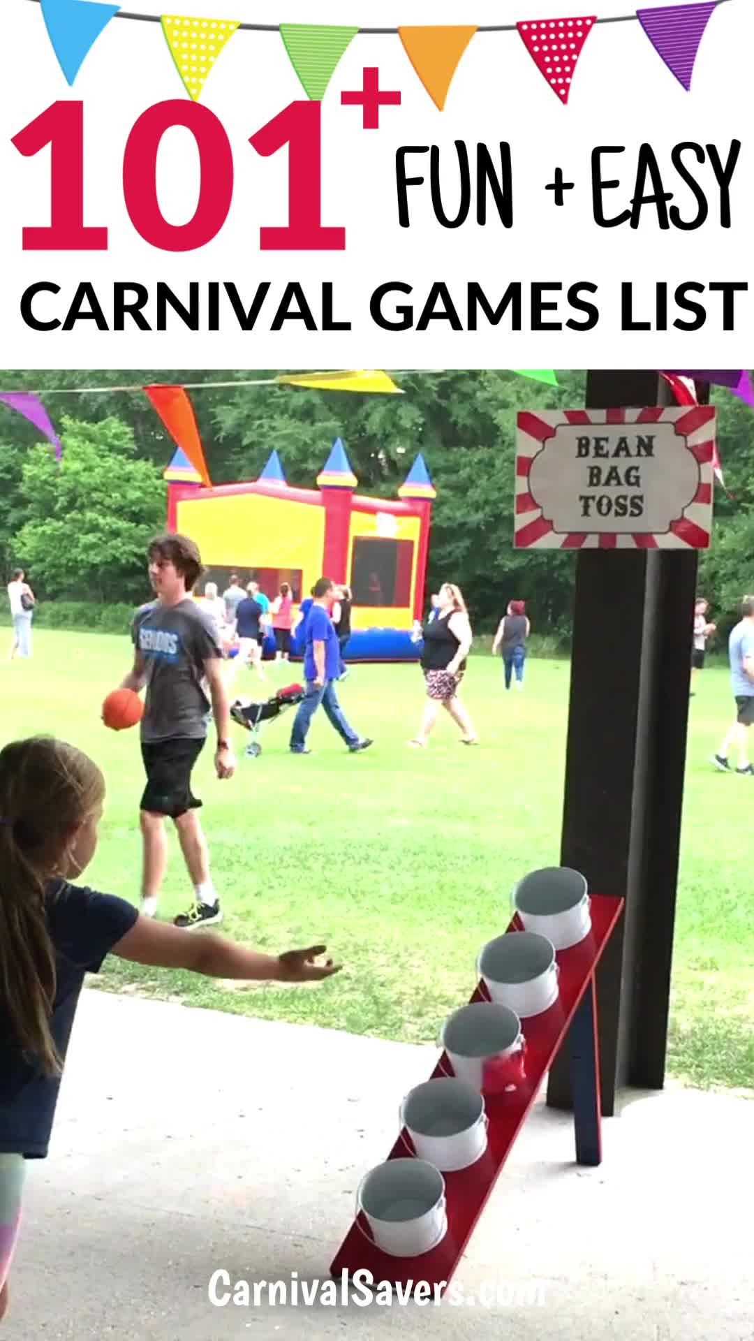 This contains: shows girl tossing beanbag into one of five buckets on a tilted board