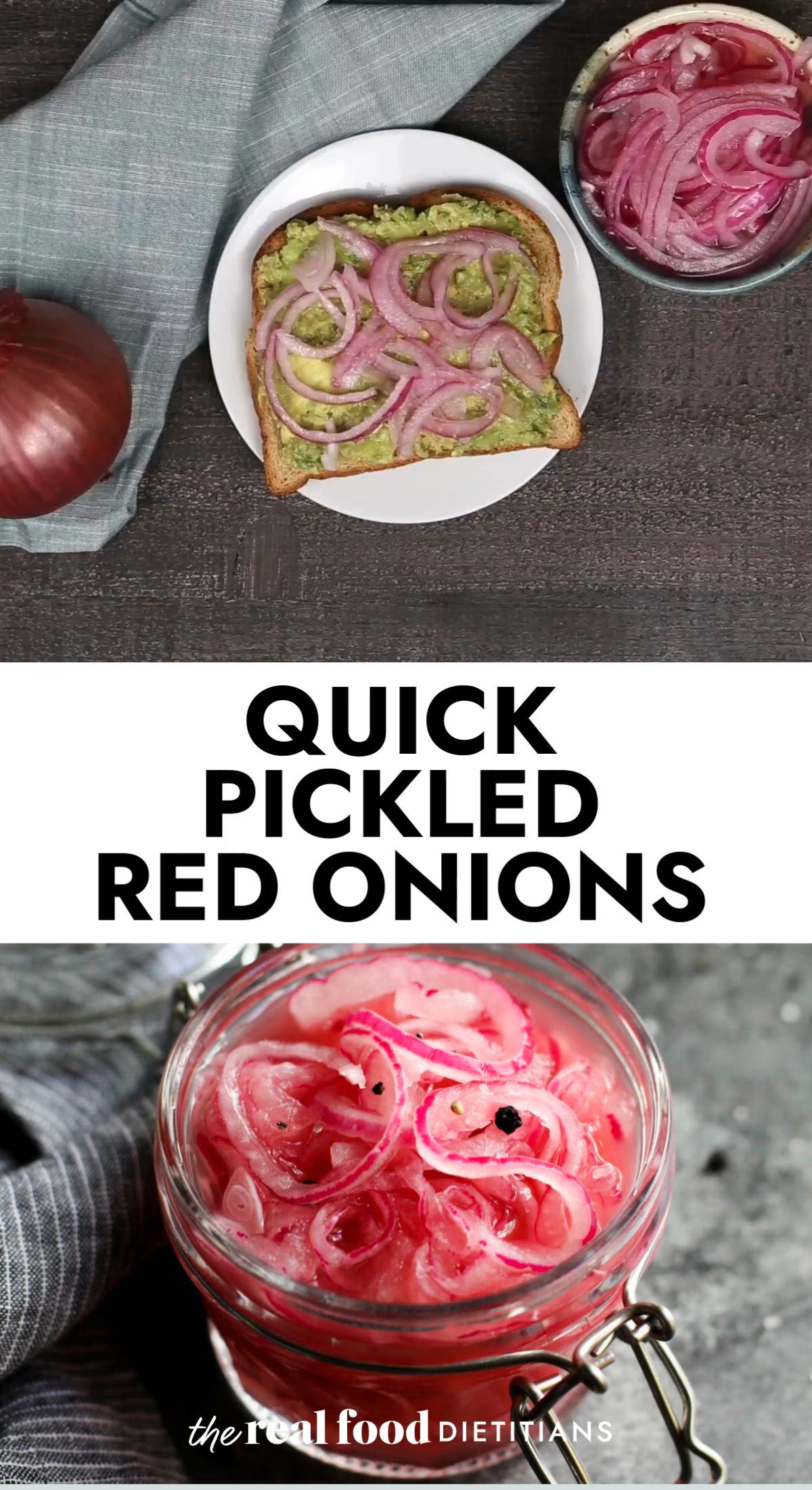 This may contain: red onions in a bowl with the words quick pickled red onions above it and below