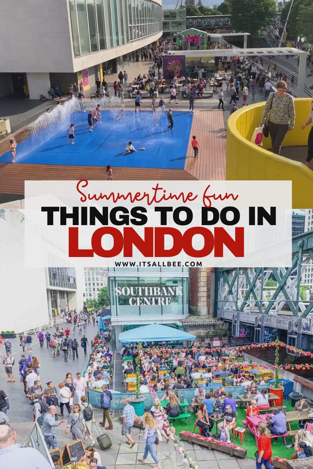 This may contain: people are walking around an amusement park with the words summertime fun things to do in london