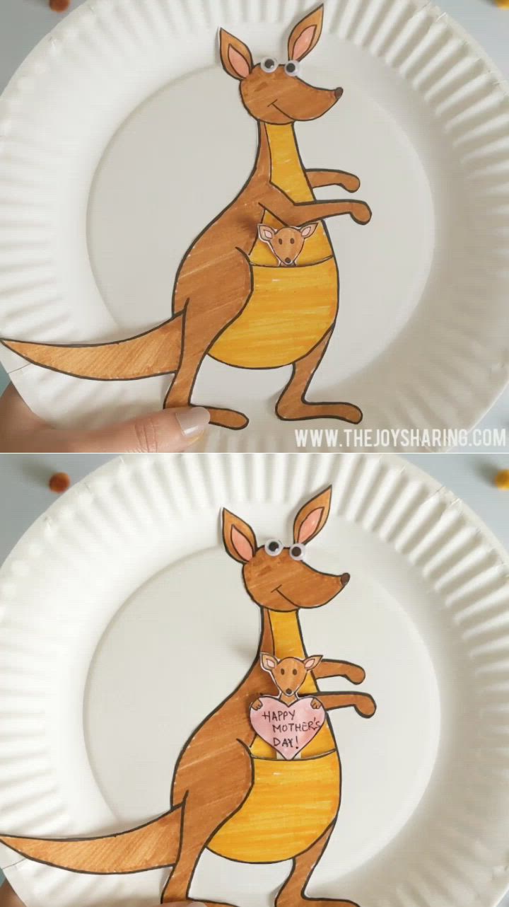 This may contain: two paper plates with pictures of kangaroos on them, one is holding a baby