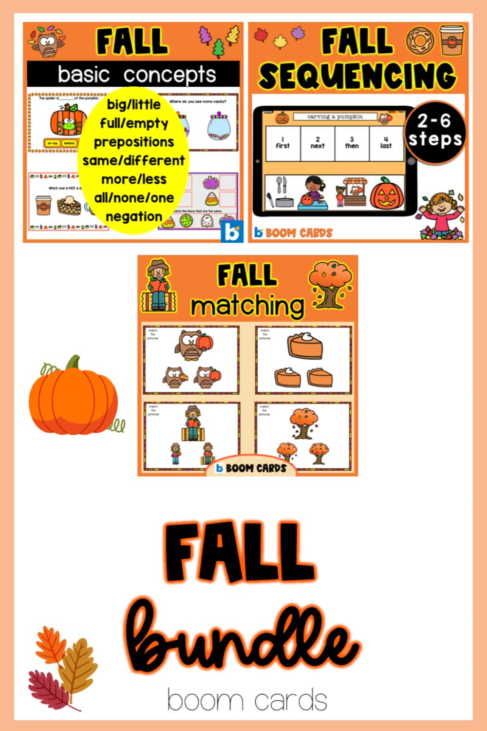 This contains: These Fall speech therapy activities target several language goals. Includes sequencing activities with 2 through 6 steps, fall matching activities and fall basic concepts activities. Target expressive language and receptive language skills with this fun fall boom cards bundle.