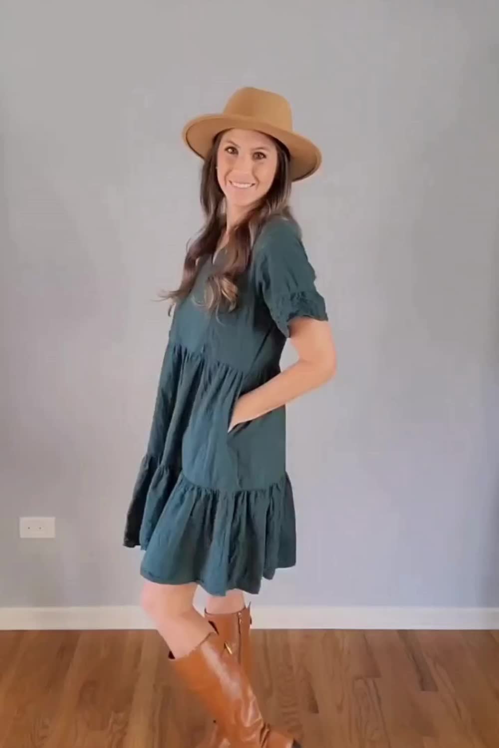 This contains: Green dress with breastfeeding access