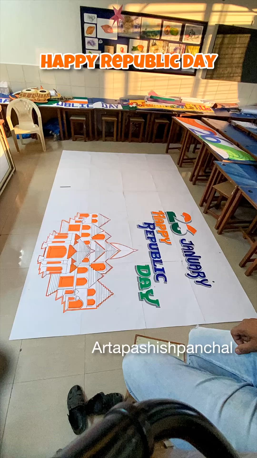 This may contain: an image of happy republic day written on the floor in front of children's desks