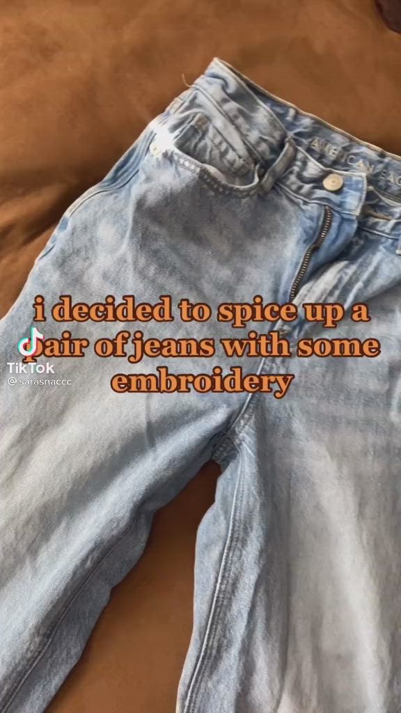 This may contain: a pair of jeans with some embroiderry written on it and the words i decided to spice up a pair of jeans with some embroiderry