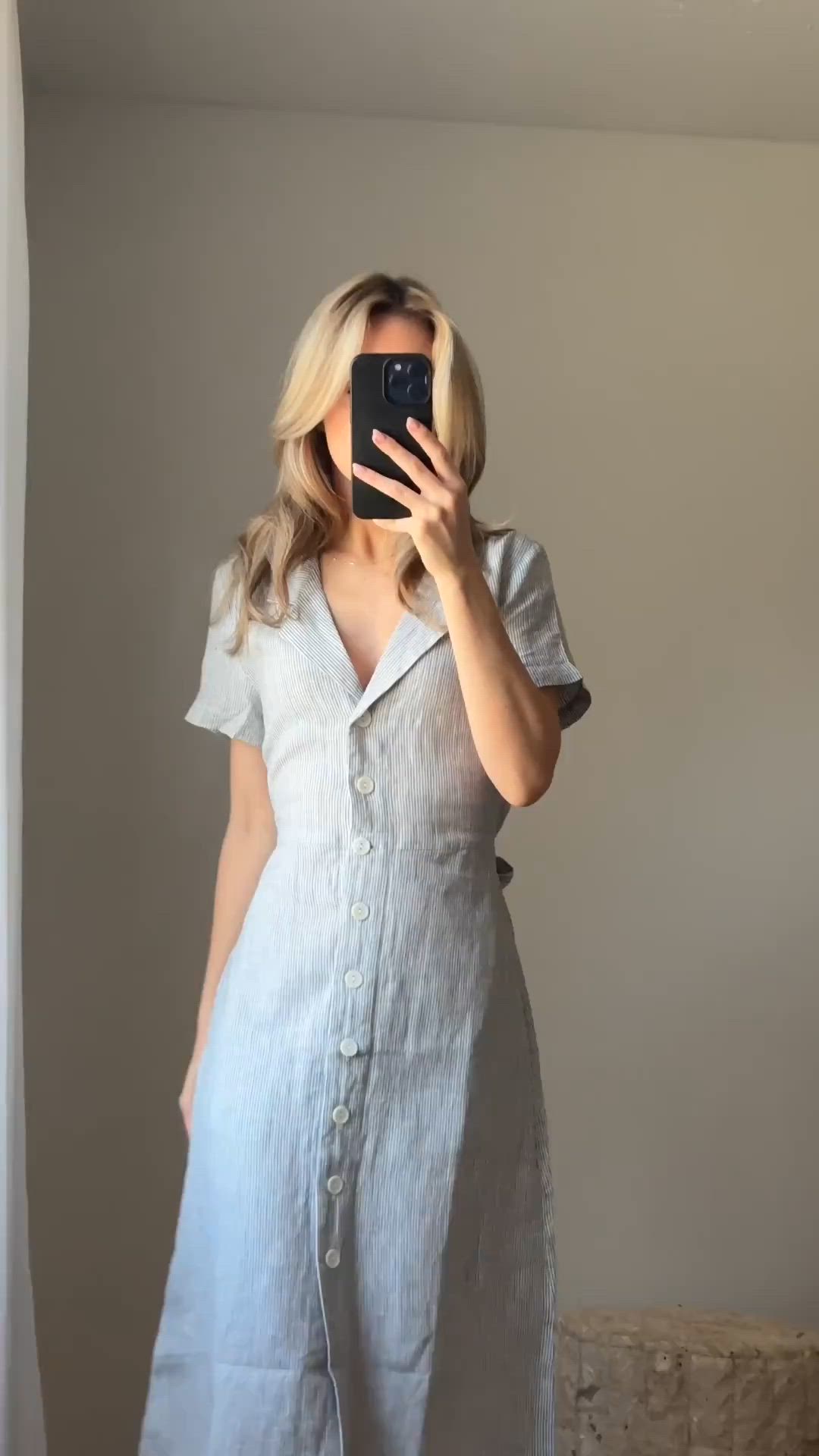 If you're not already in love with linen, let us give you a nudge. 

This dress is made from soft, lightweight, and beautifully breathable European flax linen and that pinstripe hits *just right* for spring and summer. 

The 100% European Linen Button Front Dress, always fairly priced at $49.90. 