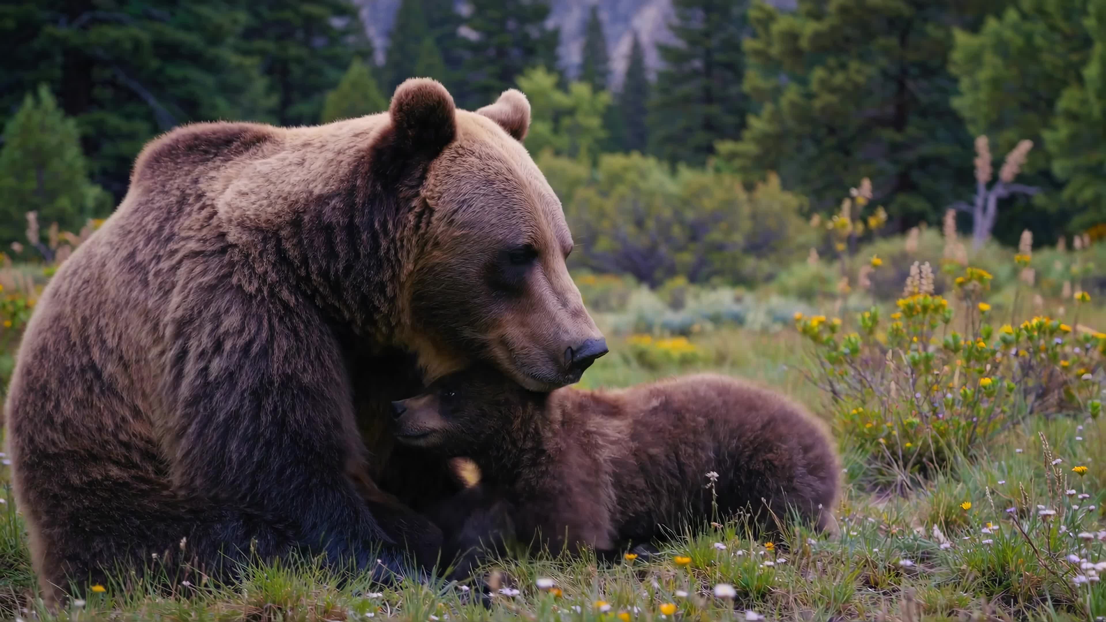 Mother bear nurturing cub and bonding together as a family in the wild, video