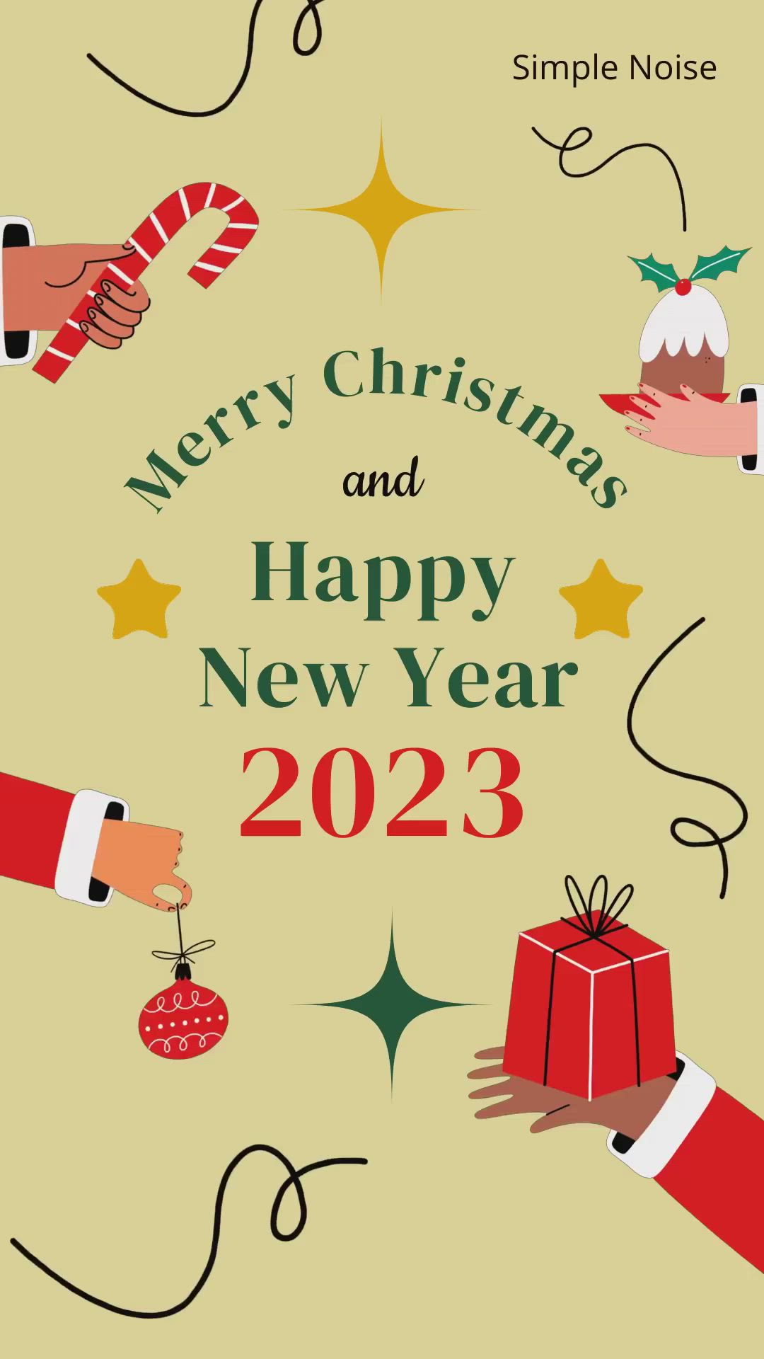 This may contain: merry christmas and happy new year greeting card with hand holding gift box, presents and stars