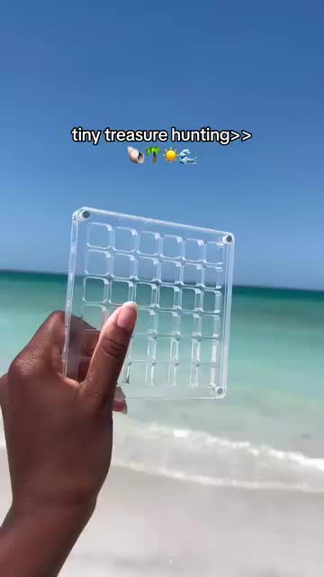 This may contain: someone is holding up a plastic box with shells in it on the sand at the beach