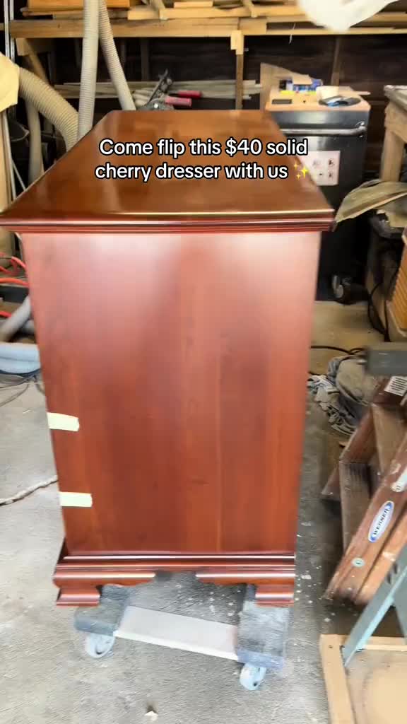 This may contain: an old dresser is being worked on in a shop with the words come flip this $ 480 solid cherry dresser with us