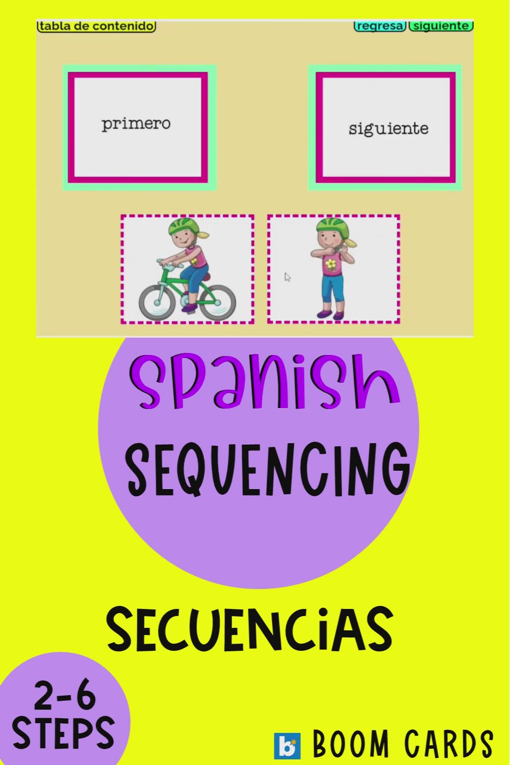 This contains: These boom cards in Spanish teach students 2 step sequencing through 6 step sequencing. Includes pictures and stories with different levels of difficulty.  If you like boom cards check out more of my Spanish speech therapy activities for kids. Boom Cards are great classroom teaching activities and teletherapy resources for speech therapy and teachers.