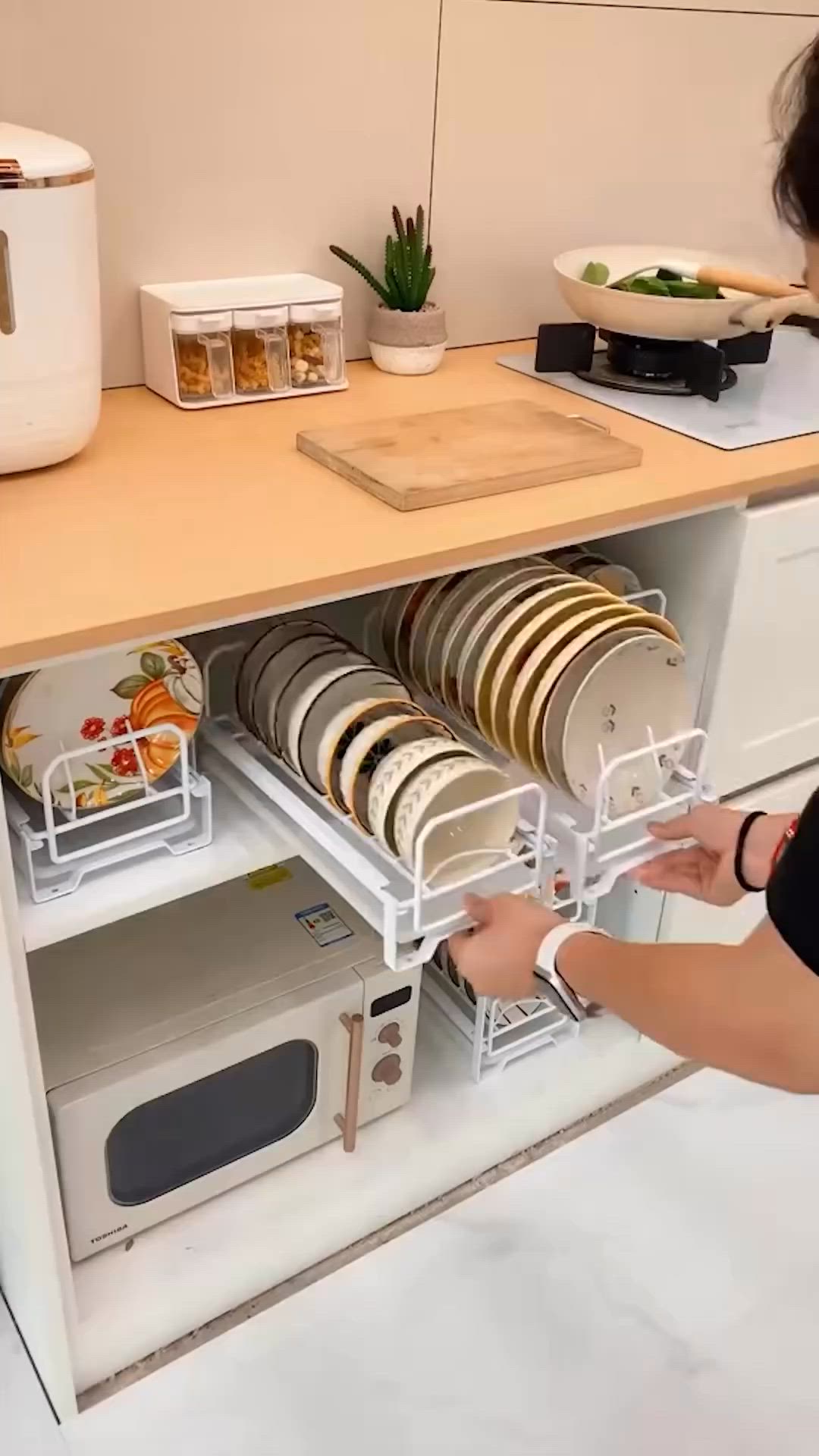 This contains an image of: Kitchen Cabinet Sliding Storage Dish Rack⁠