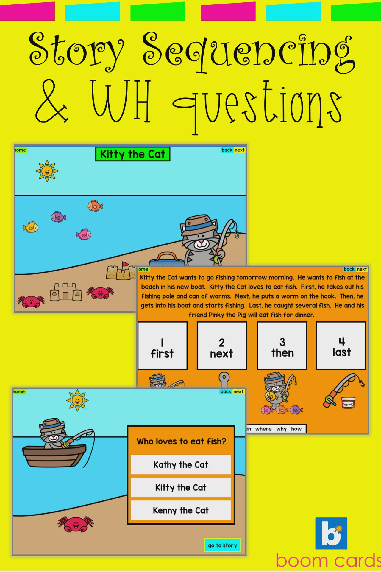 This contains: These story sequencing boom cards with Wh questions are perfect for speech therapy, small group activities, whole group reading instruction,  individual instruction or literacy centers. Includes 5 reading comprehension passages, picture scenes, & 6 wh questions including:  who, what, when, where, why, how. Perfect for teletherapy, virtual learning, & in class learning.