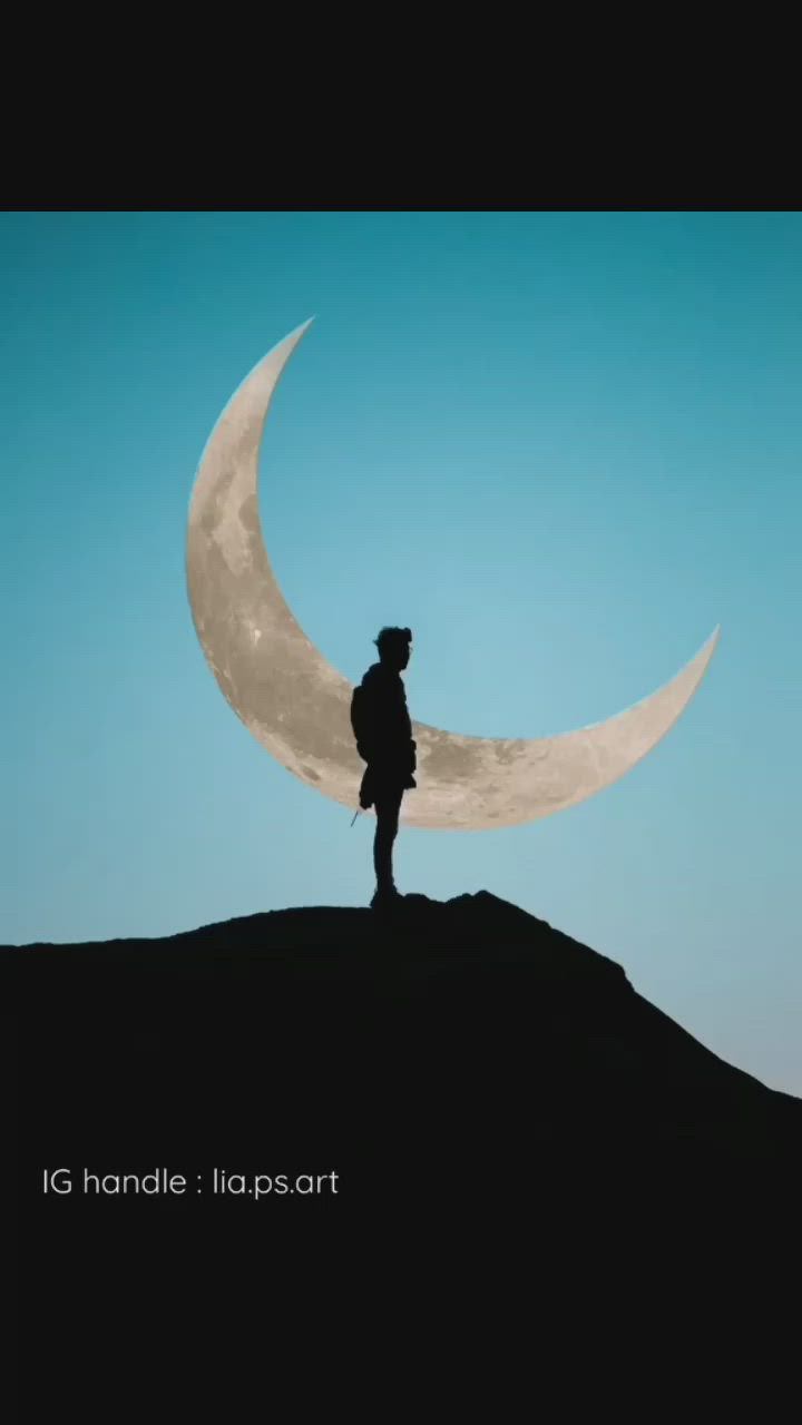 This may contain: the silhouette of a person standing on top of a hill with a half moon in the background