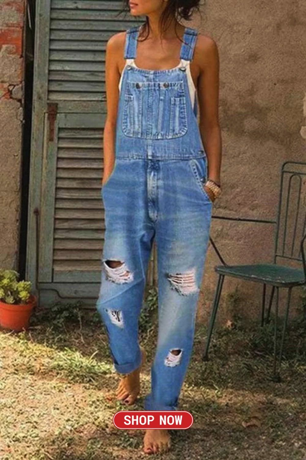 These washed ripped hole denim overalls boast a rugged yet effortlessly stylish appeal. The distressed details and strategically placed holes lend a trendy, edgy vibe. Perfect for a casual day out, these overalls effortlessly combine comfort with a fashion-forward, lived-in look.