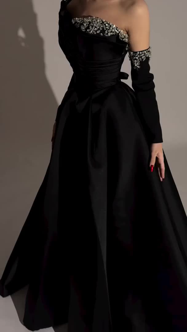 This contains an image of: Elegant Black Satin Crystal One Shoulder Evening Dress SF272