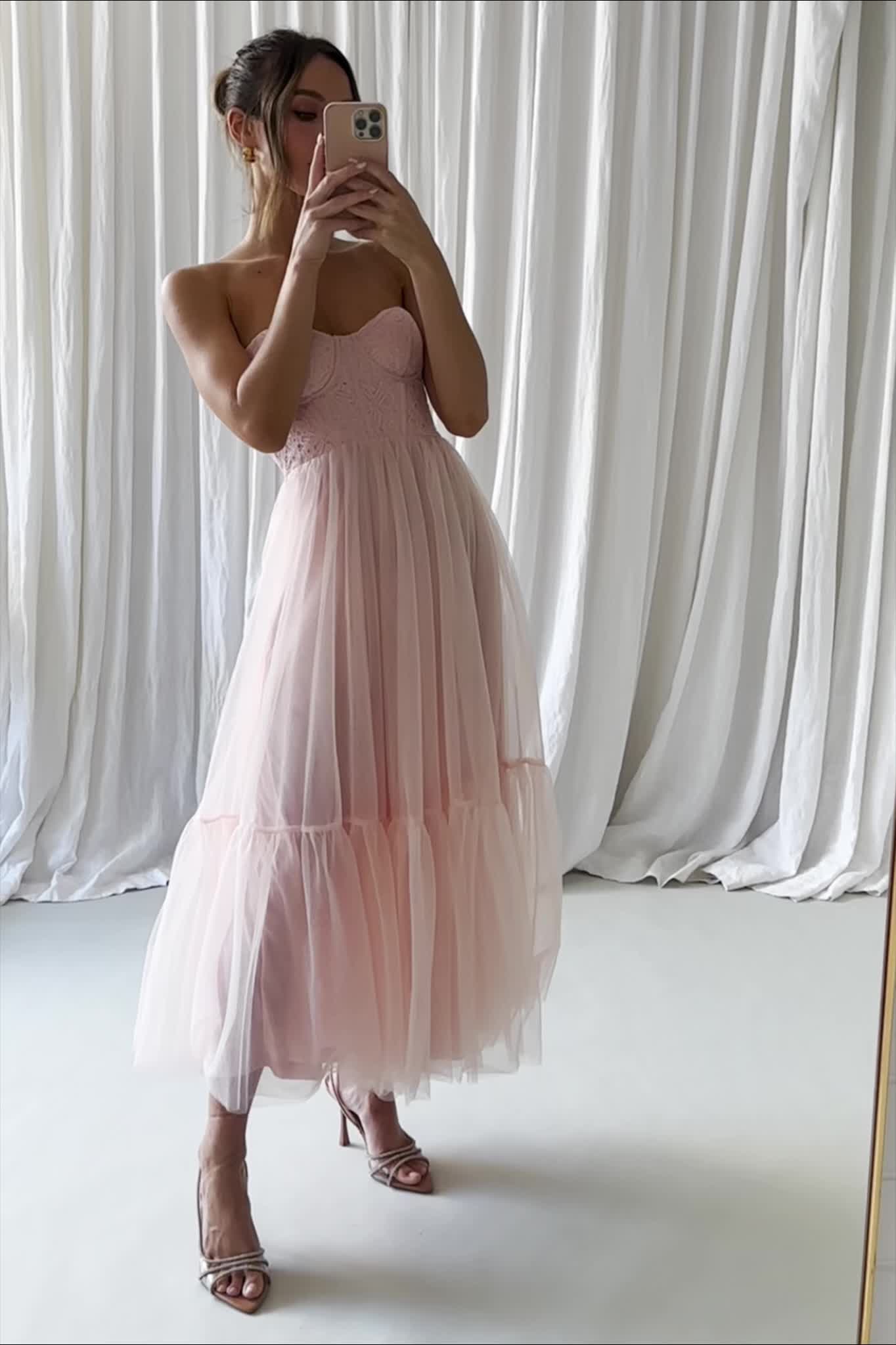 This contains an image of: Dancing With Me Sweetheart Tulle Midi Dress Pink - XL