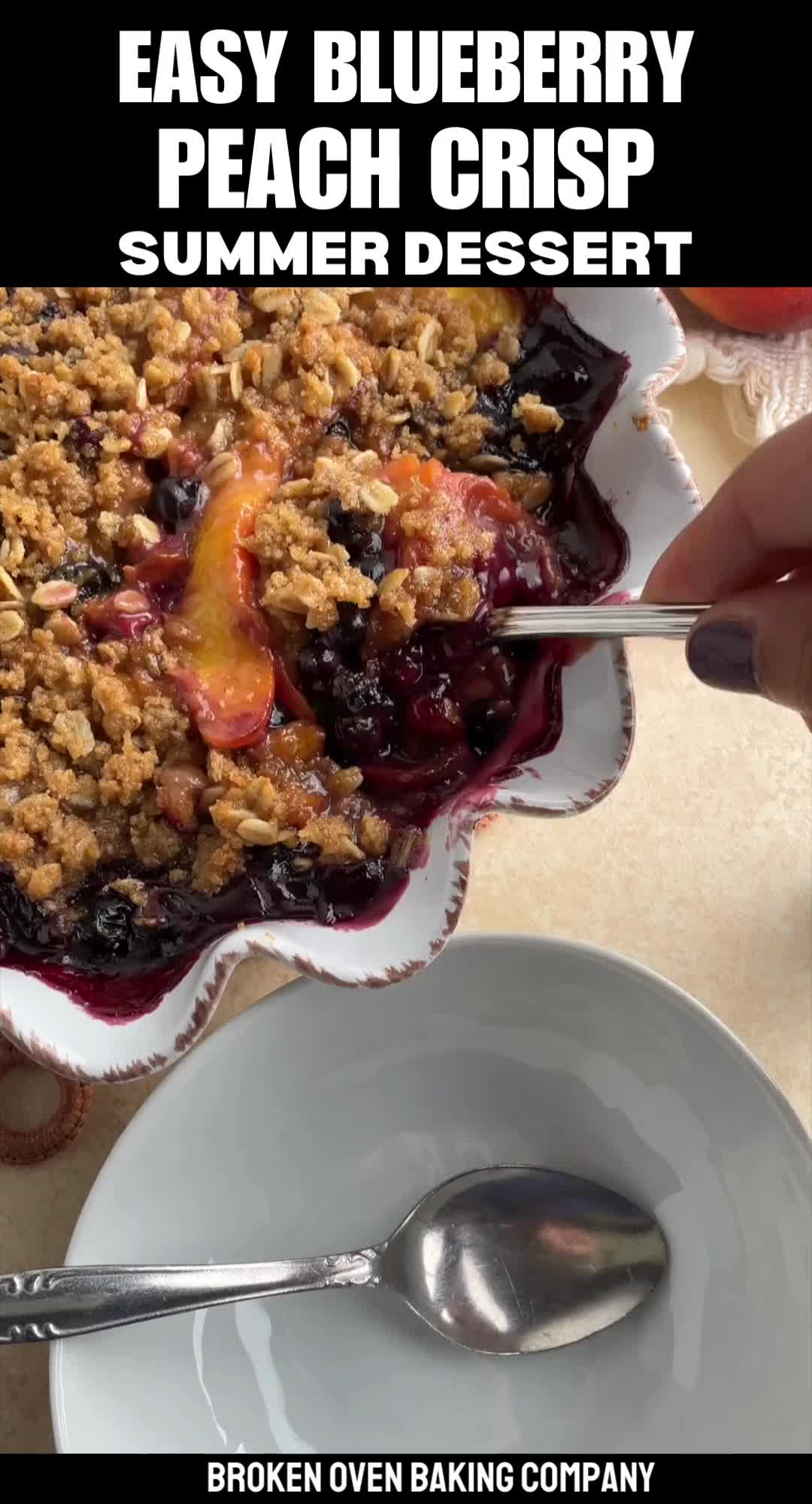 This may contain: an easy blueberry peach crisp summer dessert