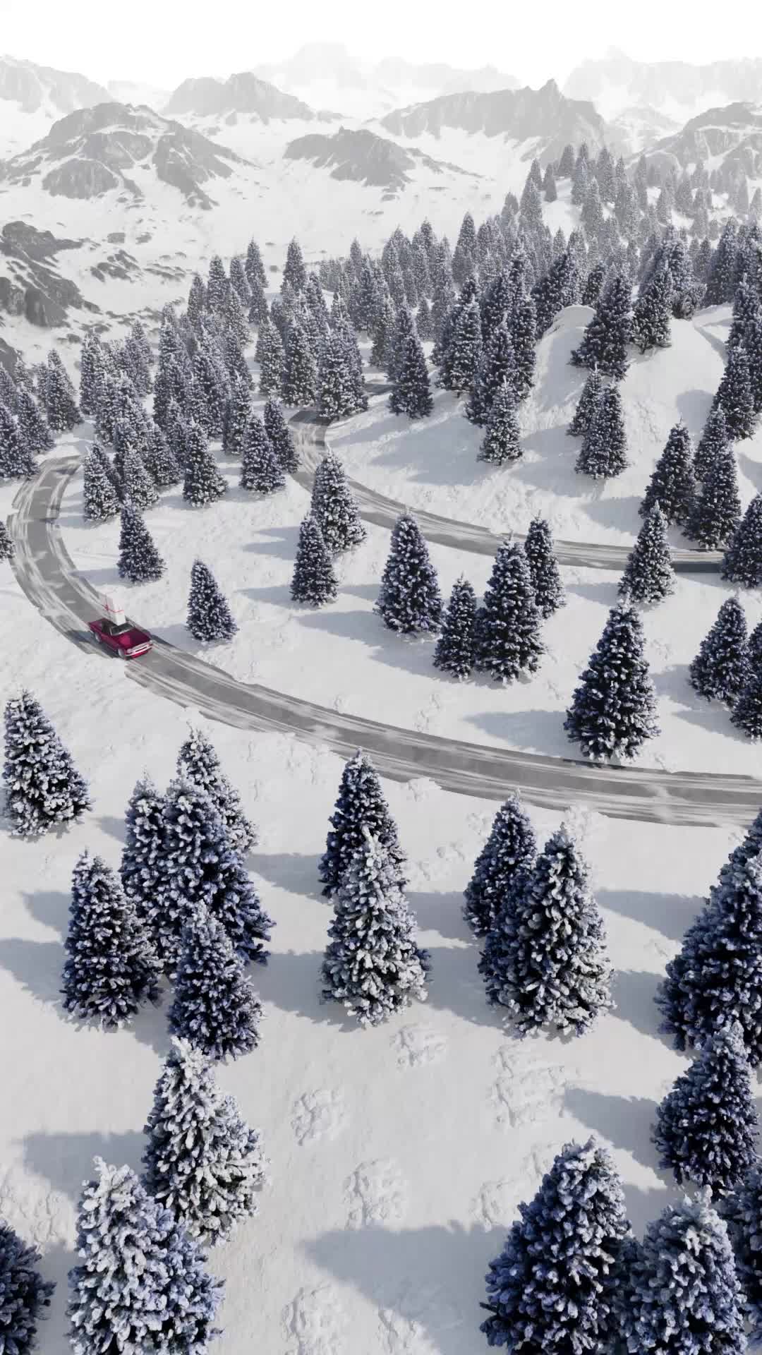 This may contain: a red car driving down a snow covered road with a large box on top of it's head