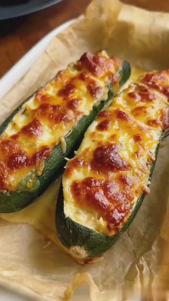 This may contain: two zucchini stuffed with cheese sitting on top of wax paper