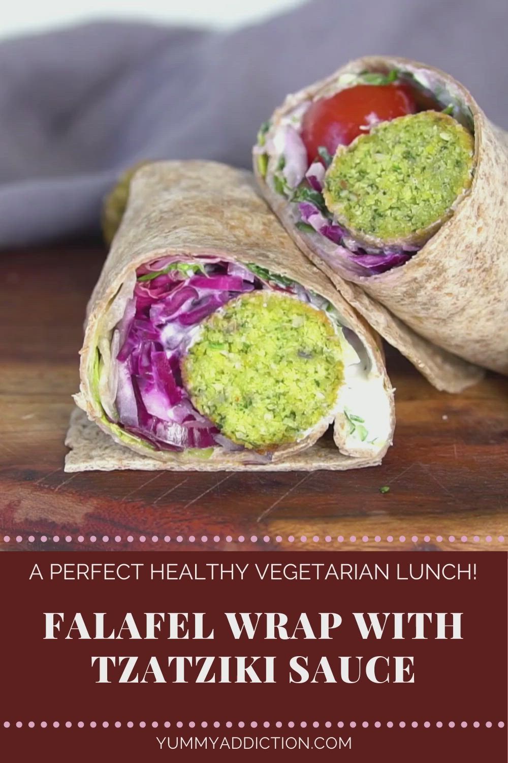 This may contain: an image of a wrap with vegetables on it and the words falafel wrap with tasty sauce