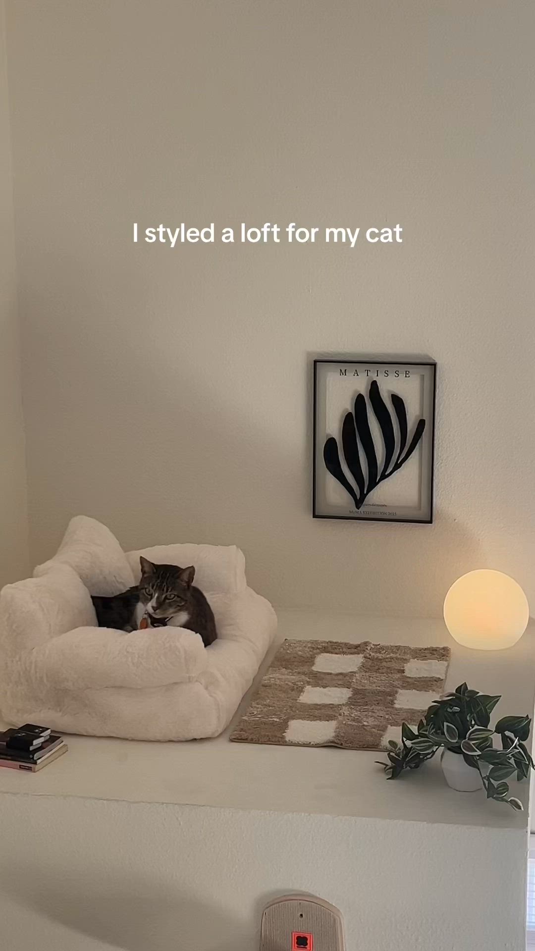 This may contain: an overhead view of a living room with stairs leading up to the second floor, and a cat bed on top of the staircase