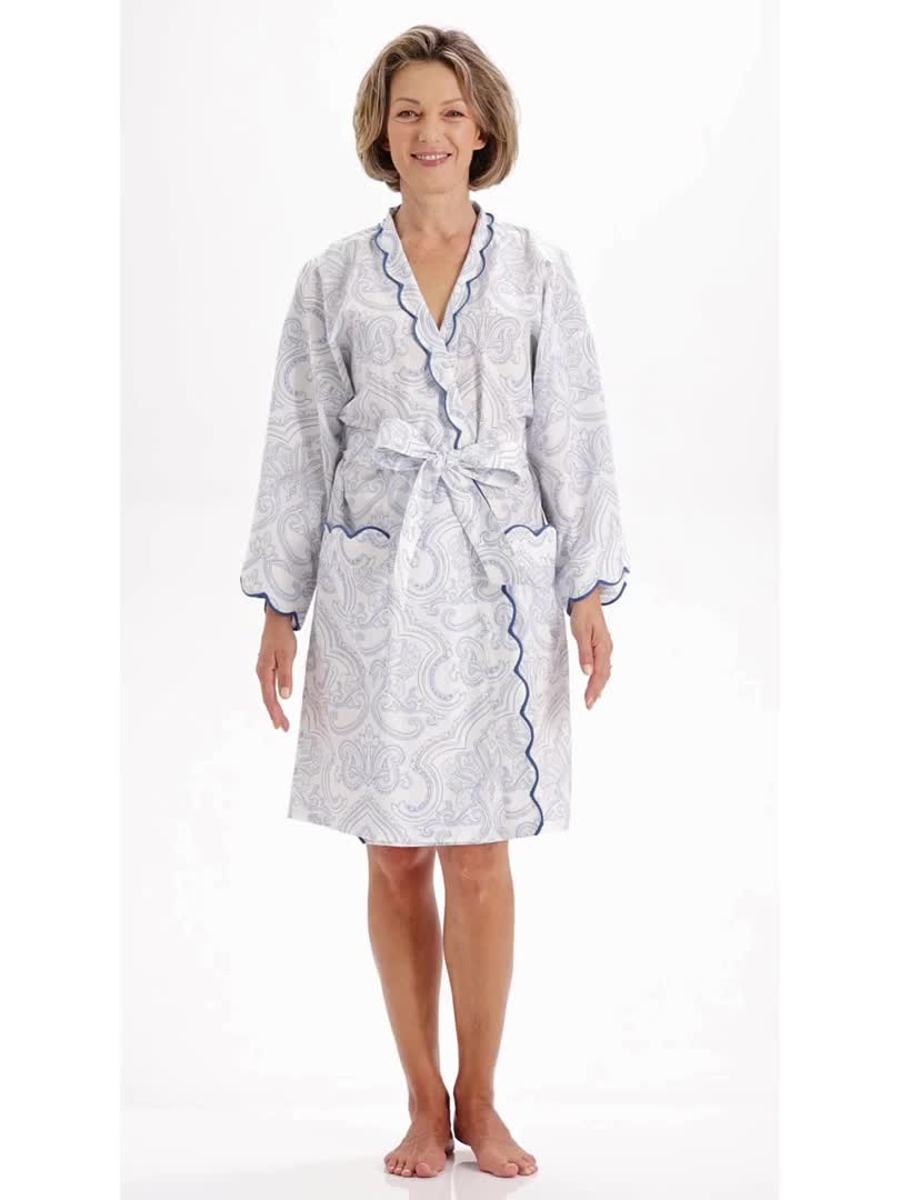 Whether you're working from home or relaxing at the summer house, this comfy robe is perfect to spend the day in. Designed by Heidi, this lightweight robe feels positively luxurious on the skin. Made with lightweight cotton, this robe is so soft you can sleep in it. What makes it all the more special is its hand-painted paisley design paired with the exquisite scalloping detail. Makes a great maternity gift for the expecting mother to be having a boy.
KIMONO ROBES RUN FULL if you're in between a