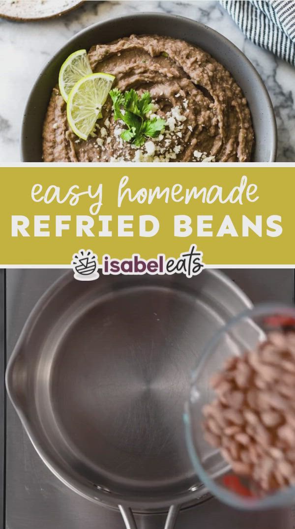 This may contain: an easy homemade refried beans recipe in a skillet