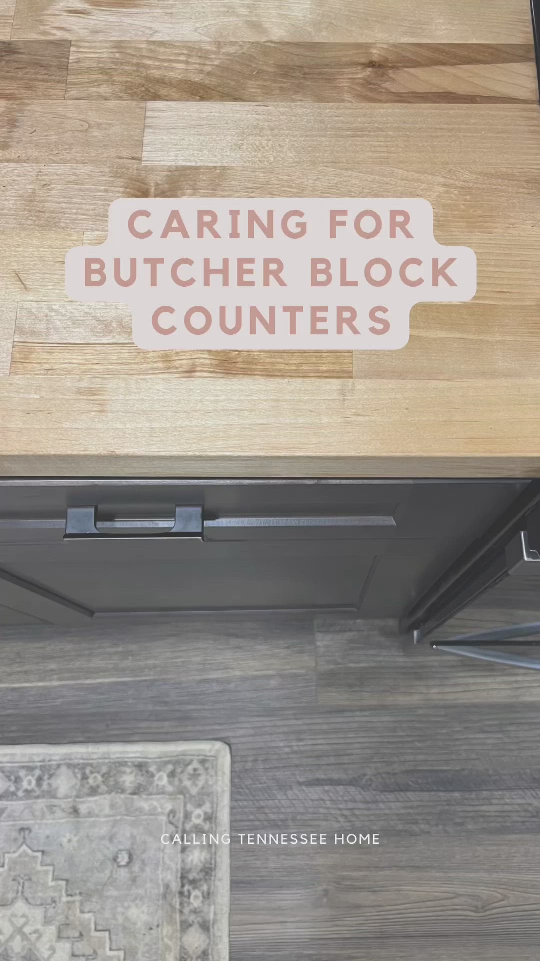 This may contain: a wooden table with a sign that says caring for butcher block counters on the top