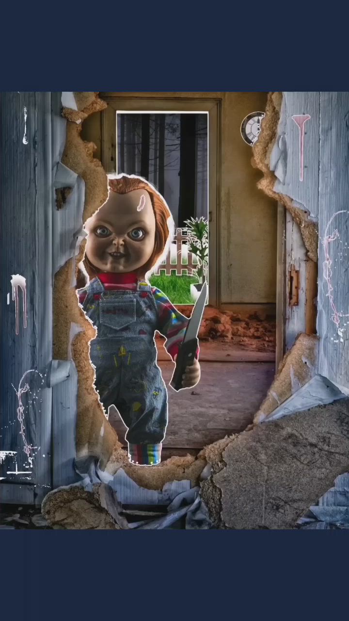 This may contain: an image of a doll holding a knife through a hole in the wall