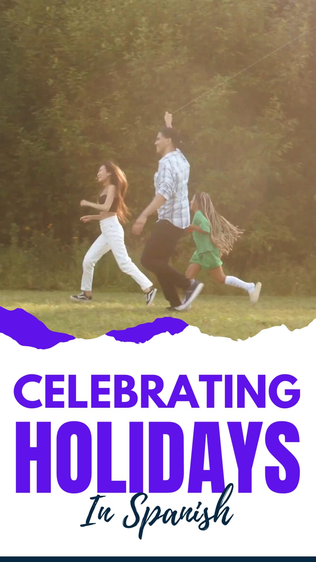 This may contain: two people running in a field with the words celebrating holidays in spanish