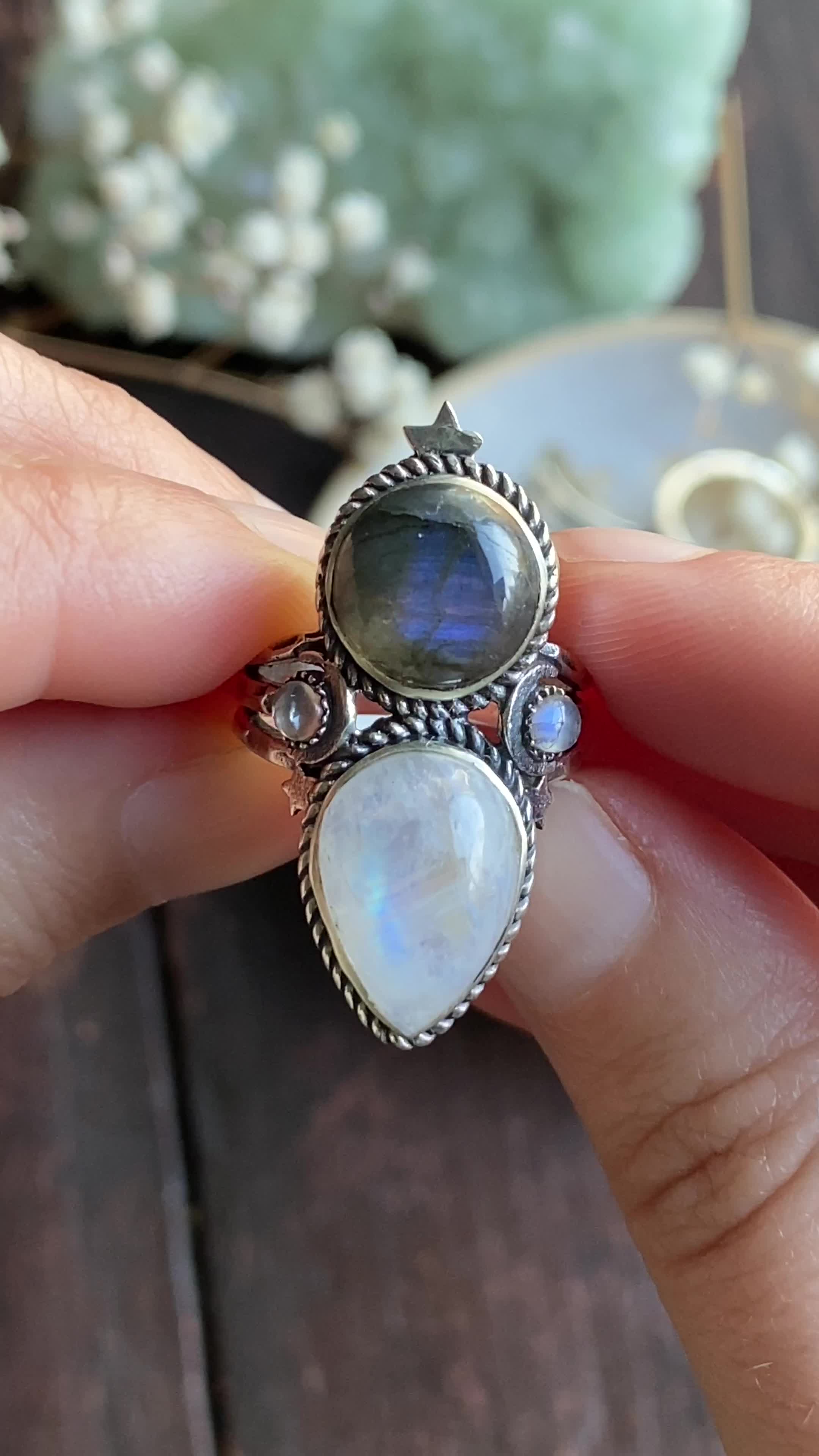 This contains: Celestial Moonstone and Labradorite Silver Ring