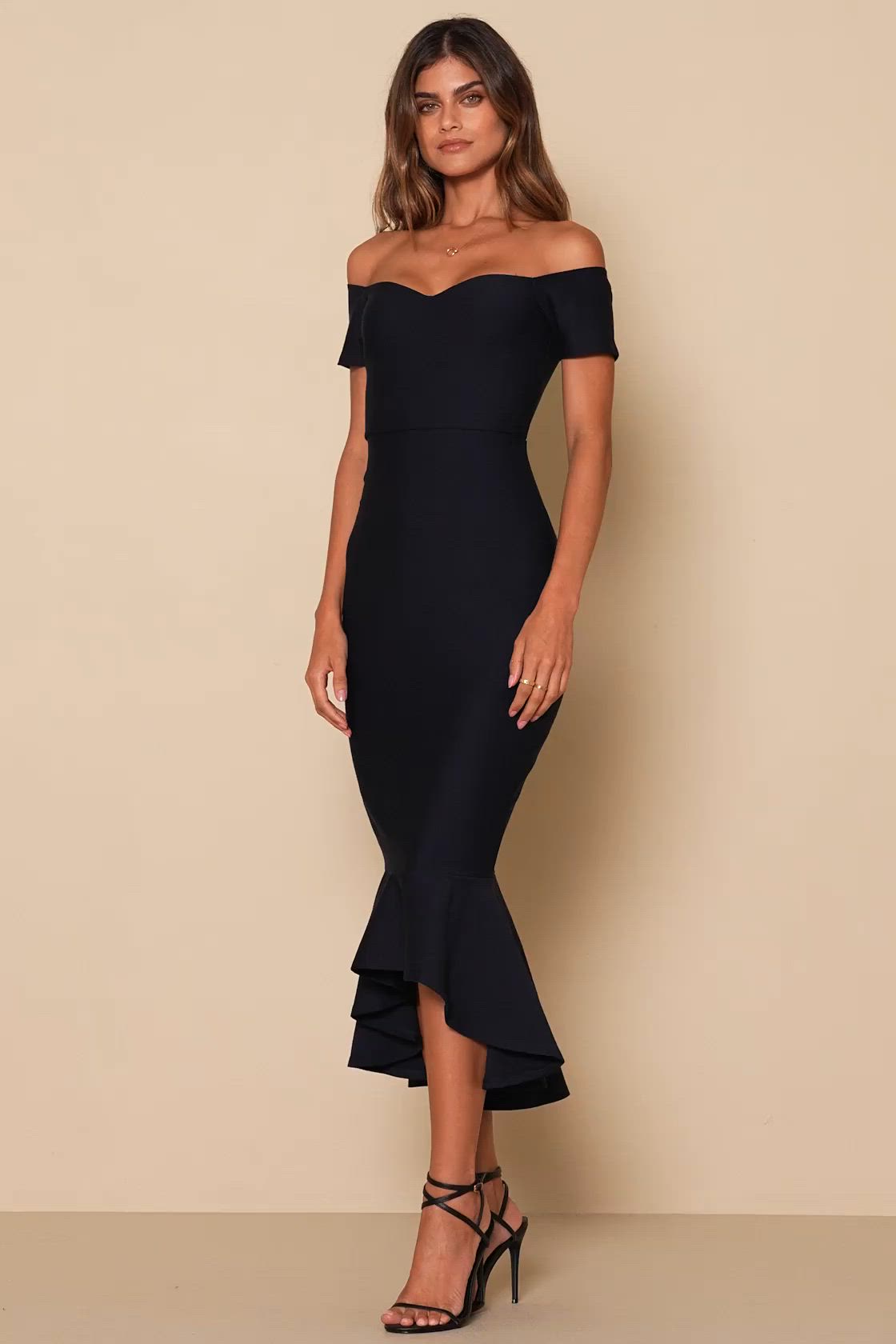 Slip into the Lulus How Much I Care Midnight Blue Off-the-Shoulder Midi Dress and dance the night away! Medium-weight stretchy ponte knit shapes this stunning dress that features a sweetheart neckline (with no-slip strips) and darted bodice, framed by short off-the-shoulder sleeves. Fitted waist tops a figure-flattering midi skirt with a trumpet silhouette and ruffled high-low hem. Fit: This garment fits true to size. Length: Knee to mid-calf length. Size medium measures 39.75" from top to botto