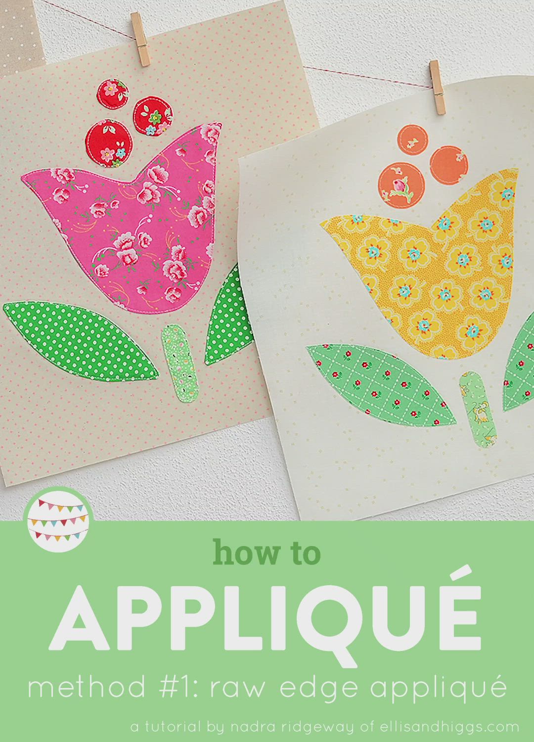 This may contain: two paper flowers are hanging on clothes pins with the words how to applique