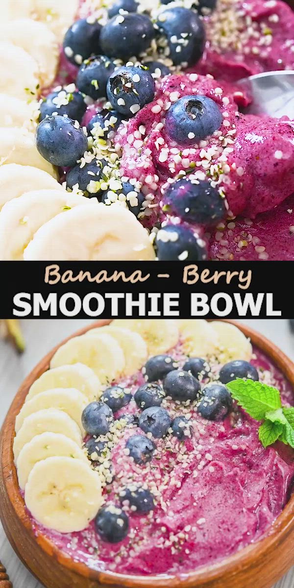 This may contain: banana and berry smoothie bowl with text overlay