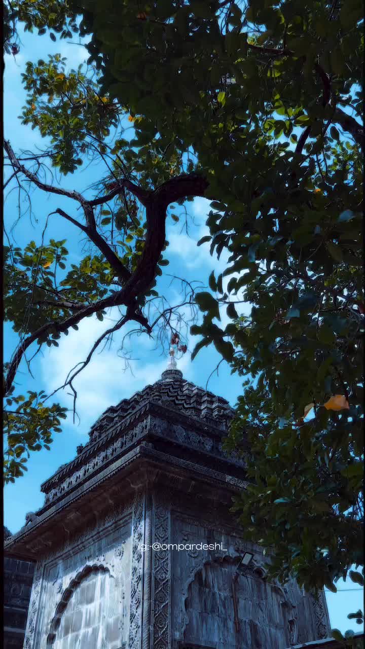 This may contain: the top of an old building with a clock on it's face and tree branches