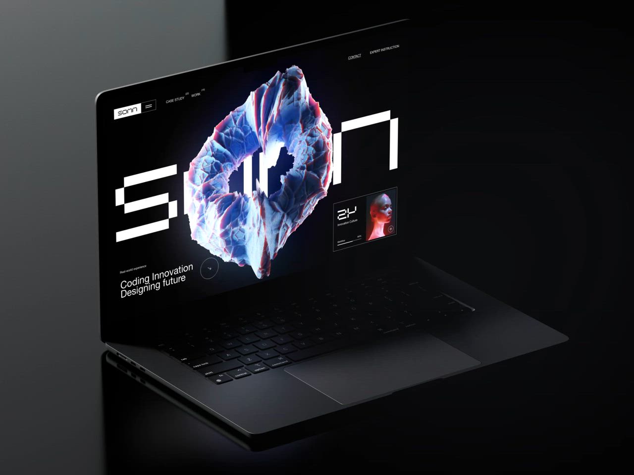 This may contain: an open laptop computer sitting on top of a black table next to a dark background