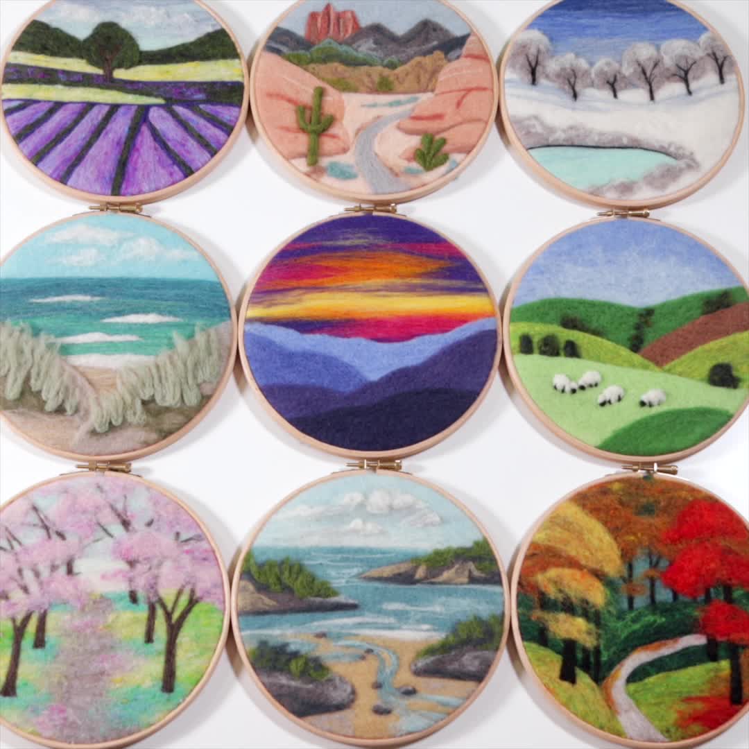 This may contain: nine hand embroidered landscape images are shown in this set of six embroidery hoop art pieces